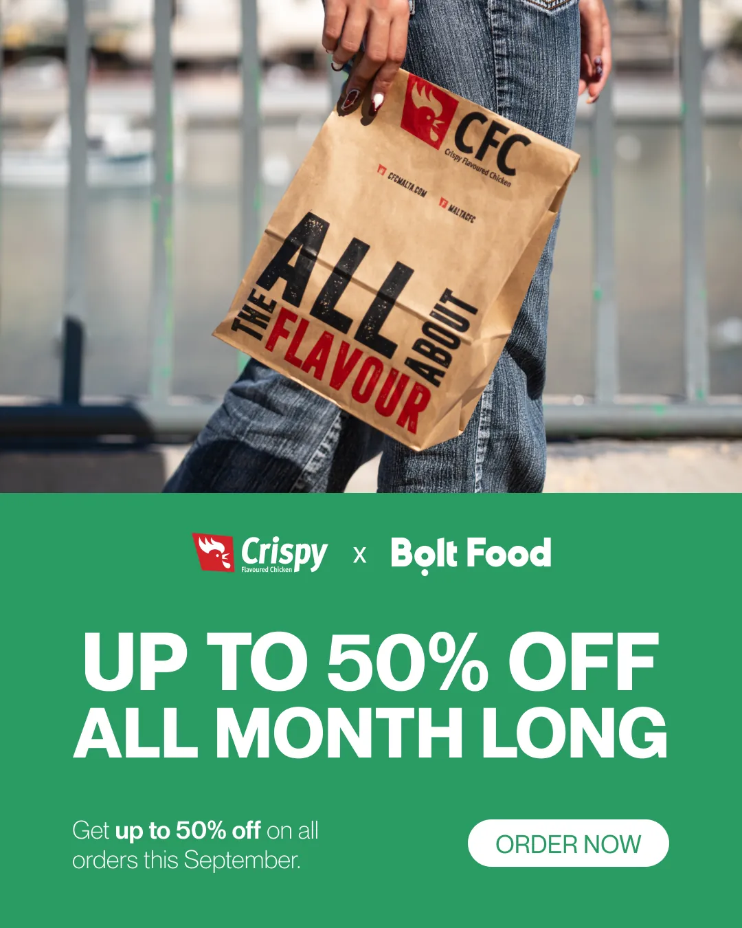 CFC and Bolt Food ad: up to 50% off all month long, with a CFC bag
