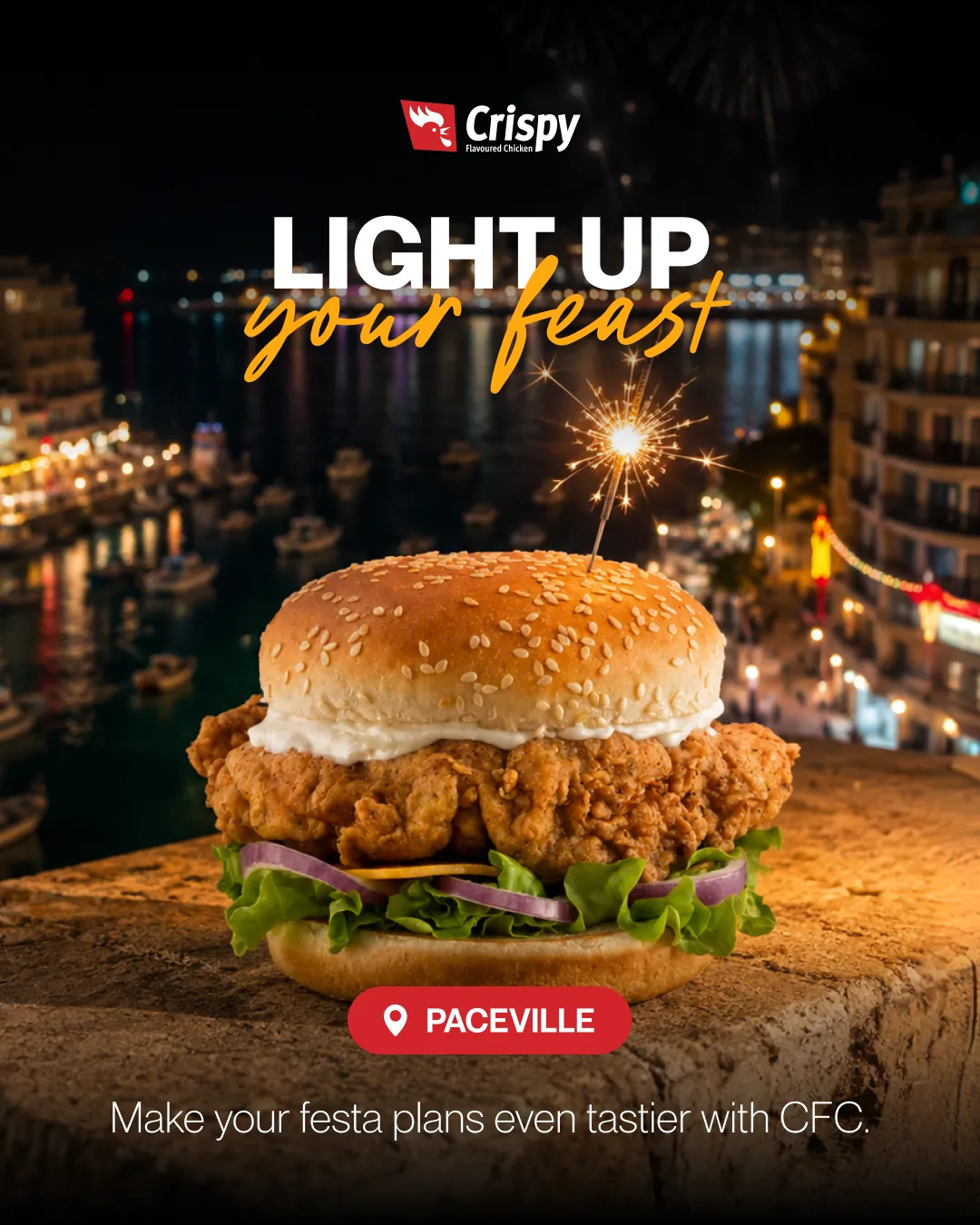 Light up your feast: a CFC burger above Paceville at night
