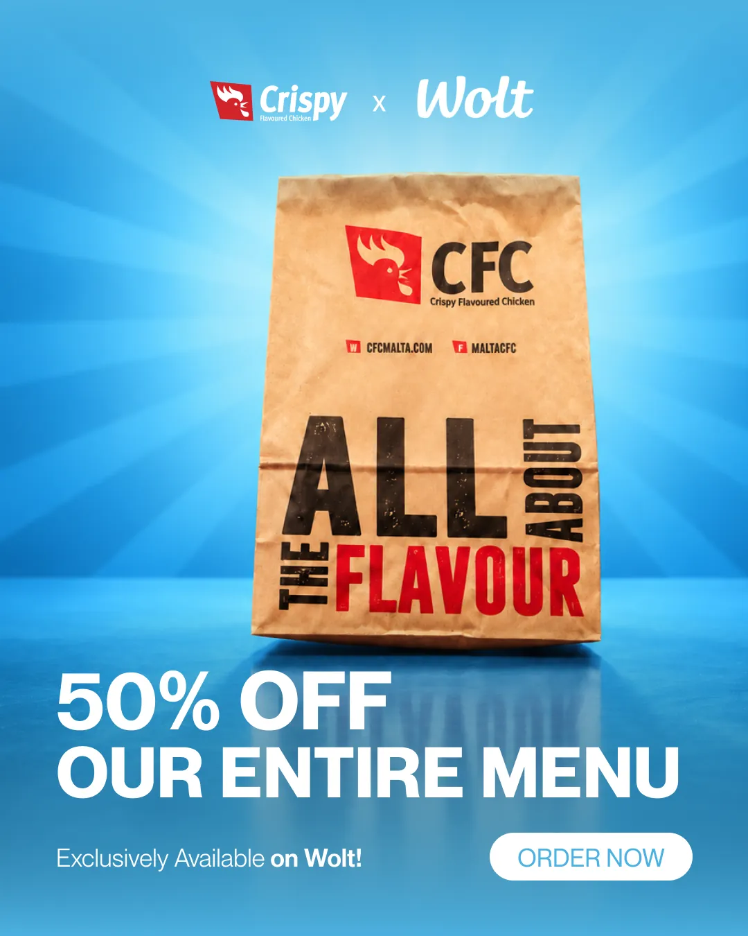 CFC and Wolt ad: 50% off the entire menu, with the All About the Flavour bag