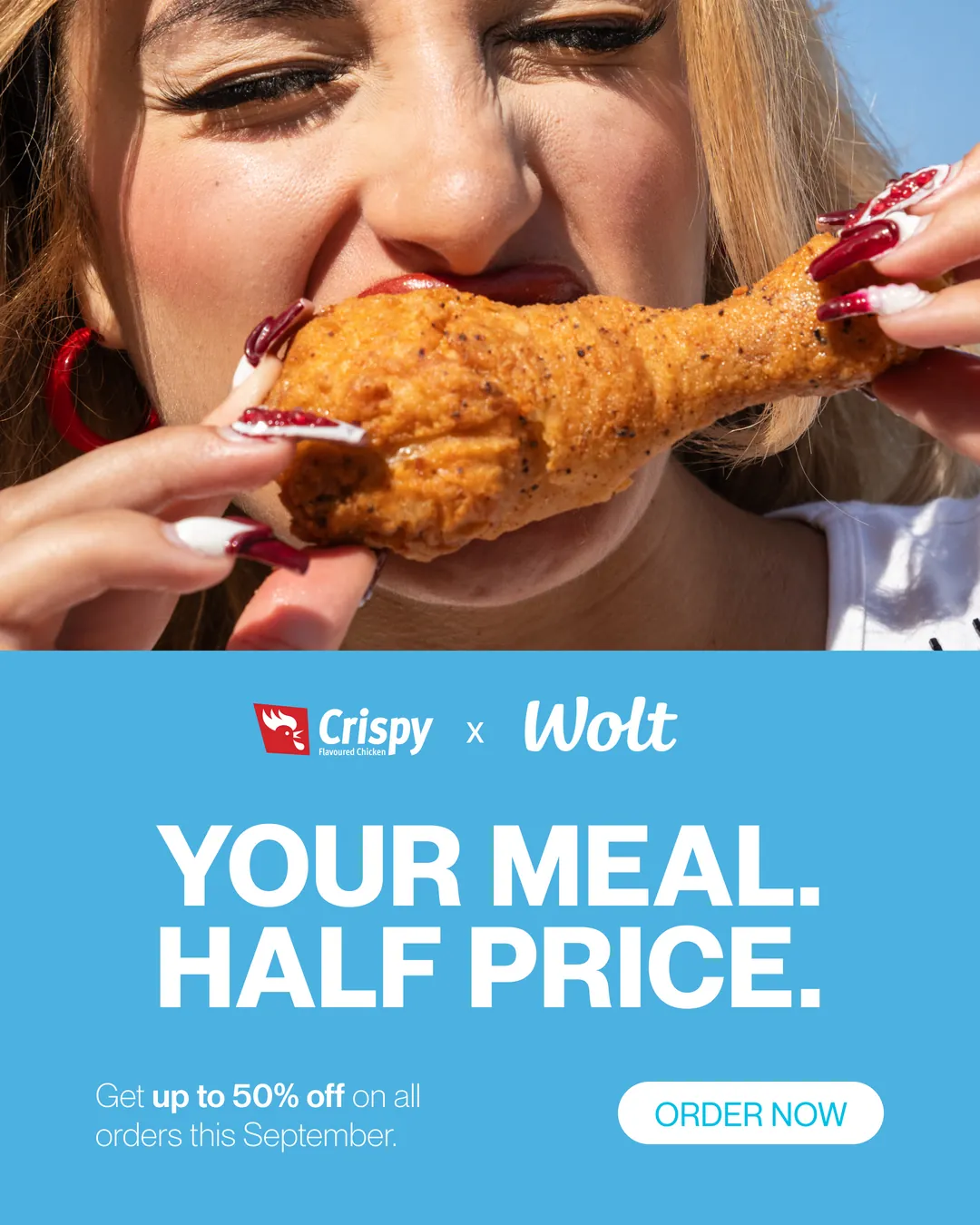 CFC and Wolt ad: your meal, half price, with a woman biting into fried chicken
