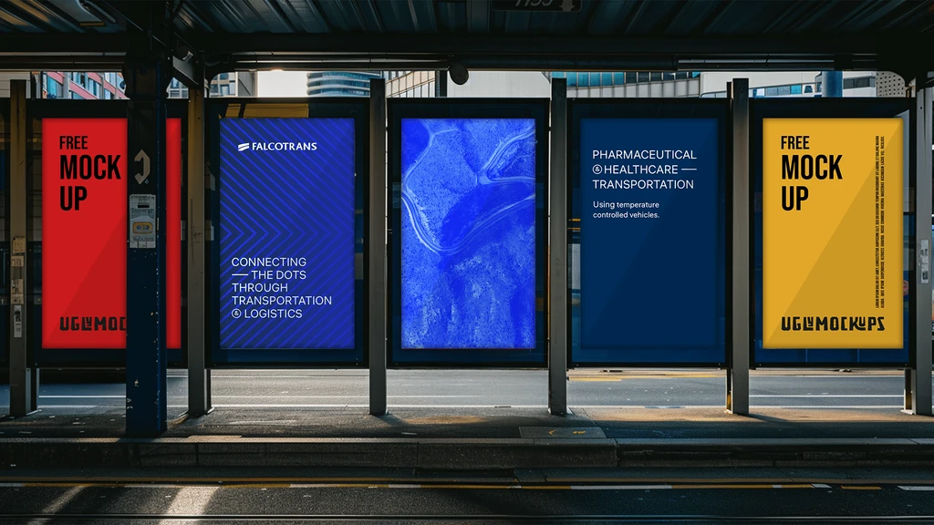 Falcotrans posters at a bus stop